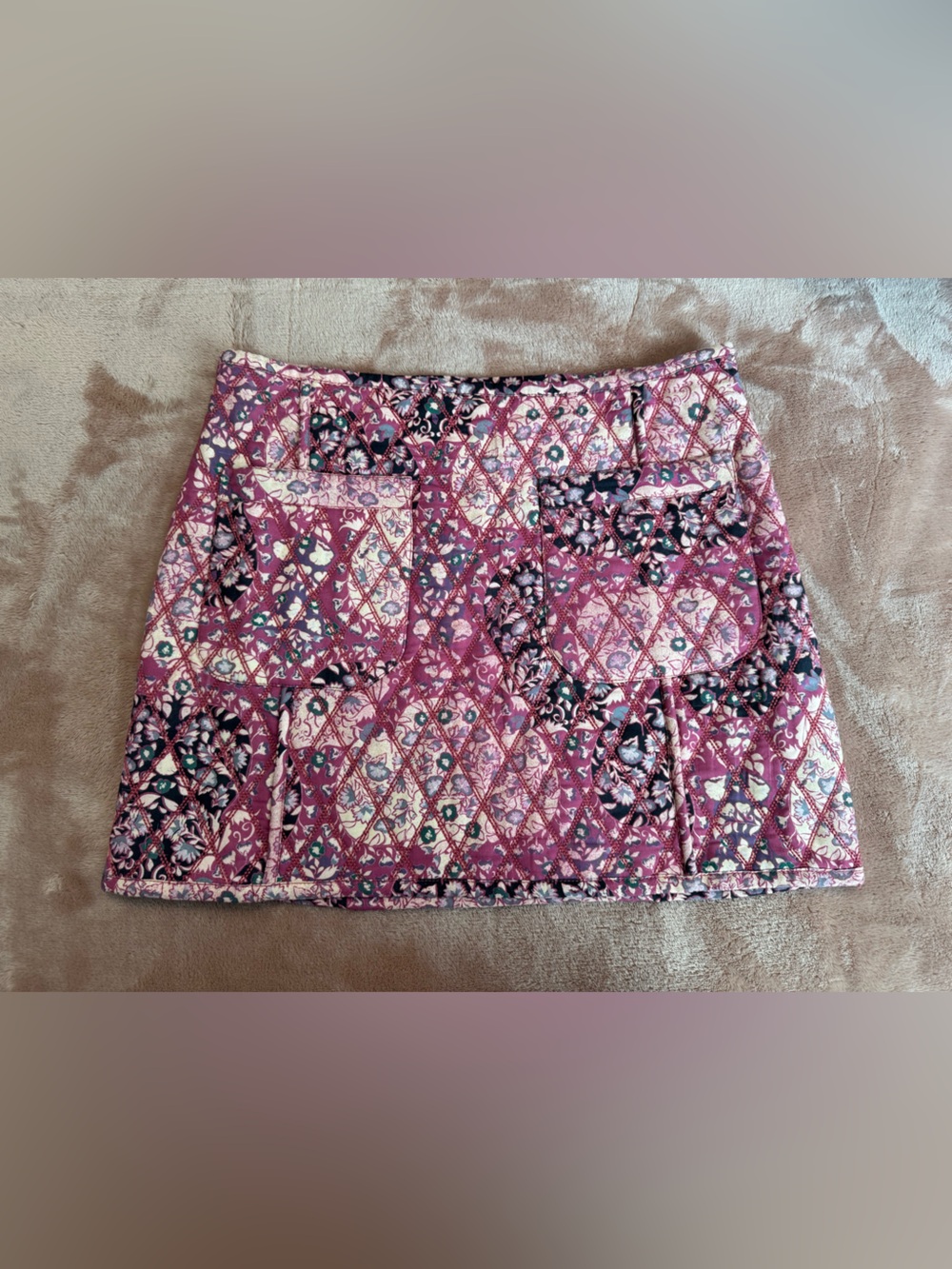 NWT Free People Darla Quilted Mini Skirt, Pink Tapestry Print, Size 6